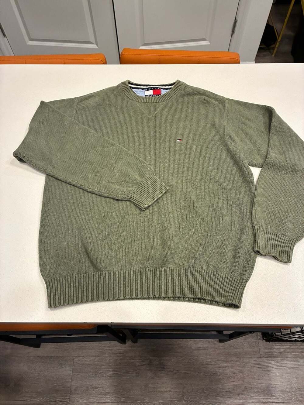 Tommy Hilfiger Knit Sweatshirt Mens Medium Green Tommy Flag Pullover Sweater